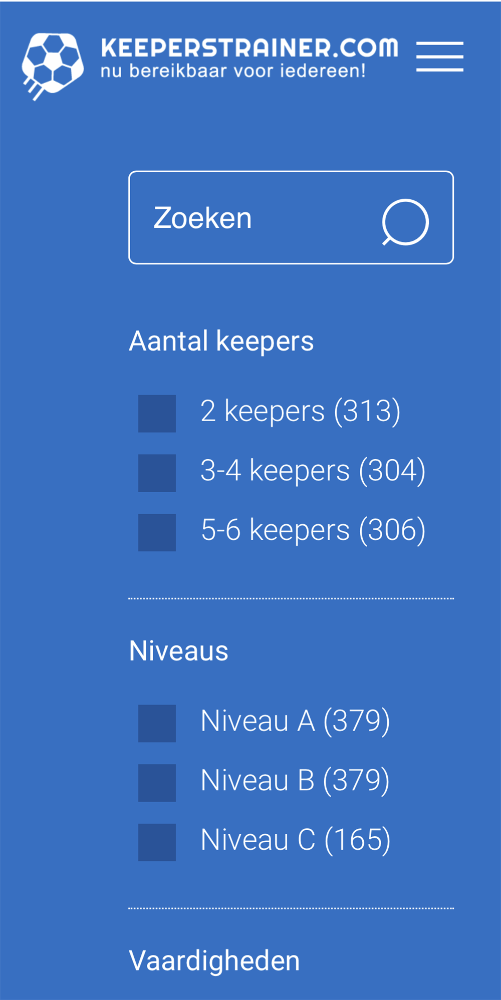 Goalkeeper Trainer Exercises for every level Screenshot filters on the website www.keeperstrainer.com